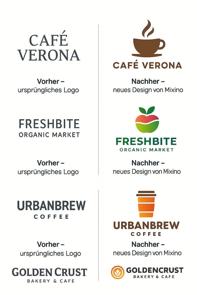 Vorher-Nachher-Logos von Cafés, Bioläden und Kaffeebars – neugestaltet von Mixino mit Symbolen wie Kaffeetasse, Apfel und Brotemblem