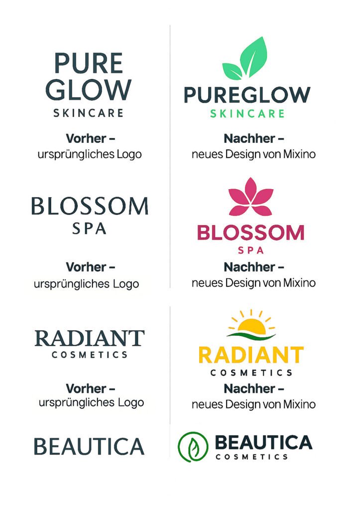 Vergleich von vier Logo-Redesigns für Kosmetik- und Wellnessmarken – links ursprüngliche Wortmarken, rechts neue Logos mit farbigen Symbolen (Blatt, Blume, Sonne, Blatt im Kreis), gestaltet von Mixino