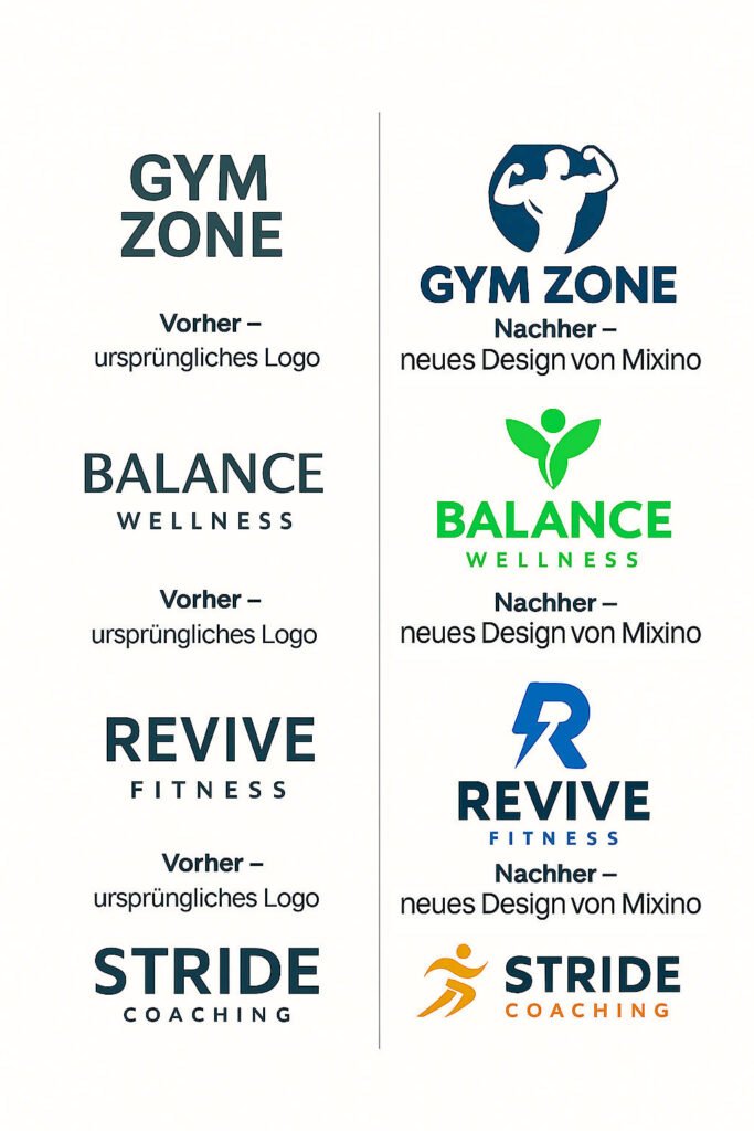 Vorher-Nachher-Vergleich von Fitness-, Wellness- und Coaching-Logos – neu interpretiert von Mixino mit Icons für Training, Balance und Motivation