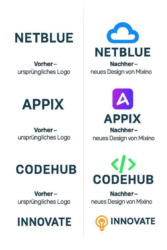 Vergleich mehrerer Logodesigns – links alte Wortmarken (NETBLUE, APPIX, CODEHUB, INNOVATE), rechts neue Logos mit Symbolen (Cloud, A, Code, Glühbirne) nach der Entwicklung durch Mixino