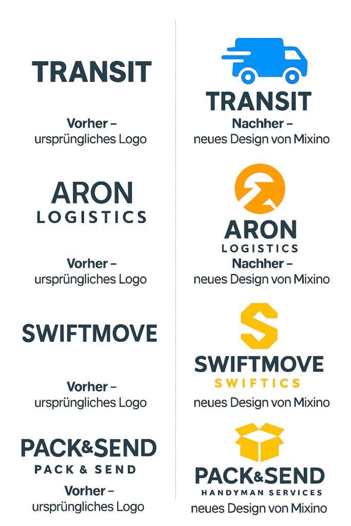 Vorher-Nachher-Logos im Bereich Logistik und Versand, redesigned von Mixino – mit Symbolen wie Lieferwagen, Pfeilen, Buchstaben „S“ und Paketbox