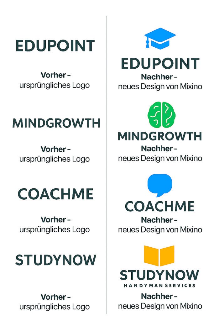 Redesign von Logos für Bildungs- und Coaching-Plattformen – jeweils links das ursprüngliche Logo, rechts das neue farbige Design mit Symbolen wie Hut, Gehirn, Sprechblase und Buch, erstellt von Mixino
