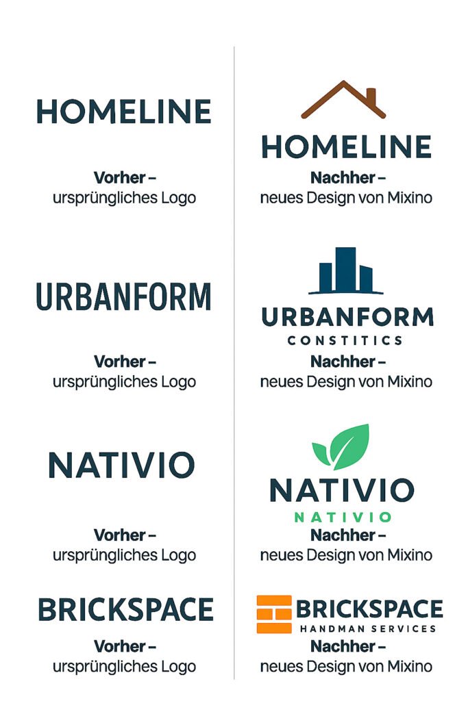 Vorher-Nachher-Logos von Bau- und Immobilienfirmen – neue Designs von Mixino mit Symbolen wie Hausdach, Hochhaus, Blätter und Ziegel