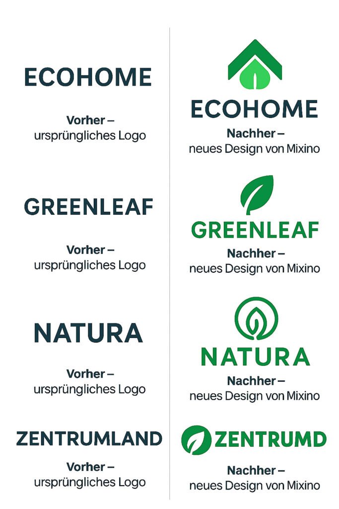 Vorher-Nachher-Vergleich von Logos im Bereich Umwelt und Nachhaltigkeit – Redesigns von Mixino mit Blättern, Hausdach, Spiralen und Naturfarben