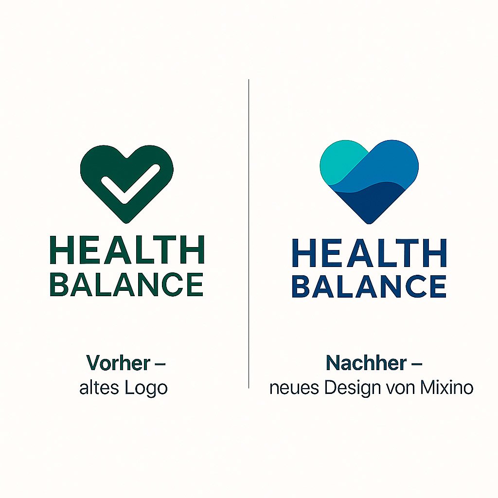 Vergleich zwischen altem und neuem Logo von Health Balance – links ein einfaches Haken-Herz, rechts ein modernes, farbenfrohes Design von Mixino