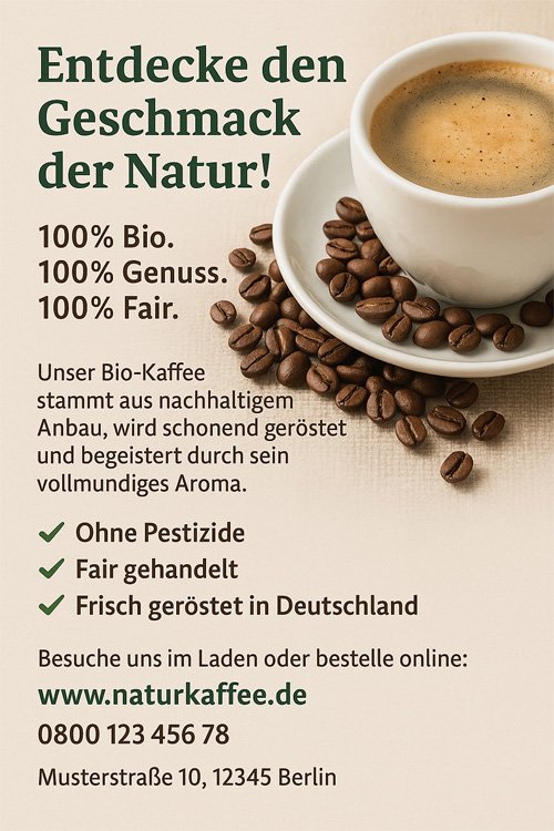 Außenseite eines dreiseitigen Werbeflyers für NATURKAFFEE – natürliches Design mit Struktur und Aussagekraft