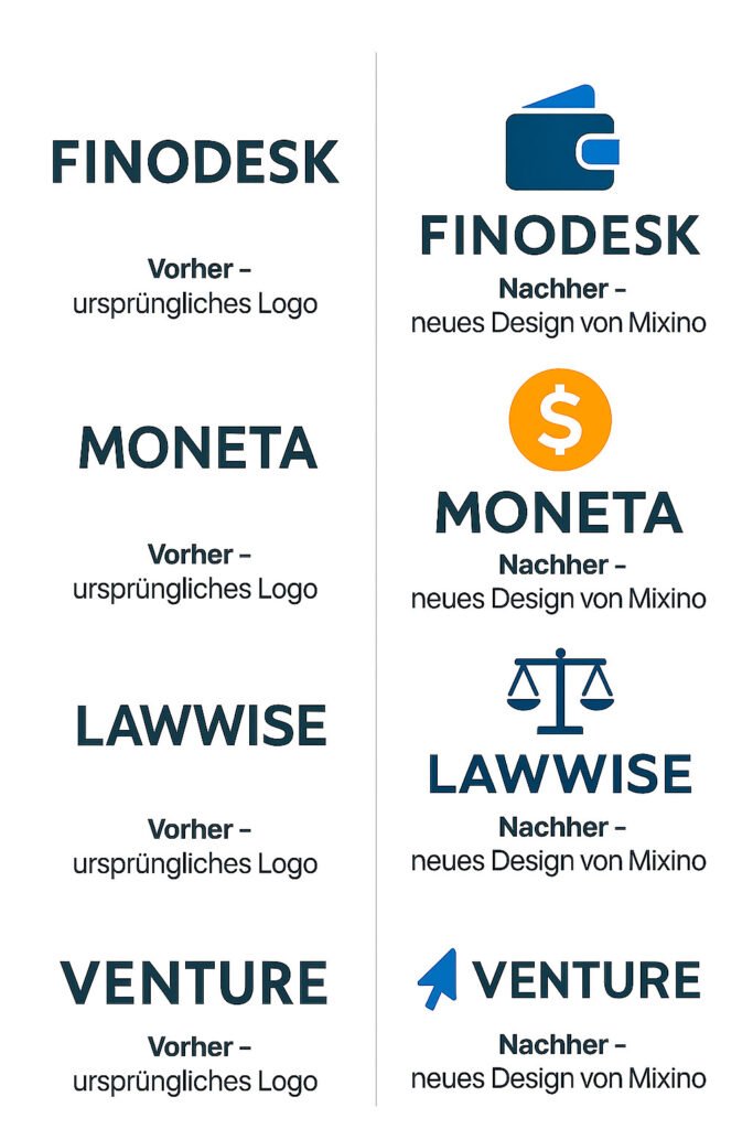 Vorher-Nachher-Vergleich von Logos für Finanz-, Rechts- und Business-Plattformen – neu gestaltet von Mixino mit Symbolen wie Geldbörse, Dollarzeichen, Waage und Pfeil