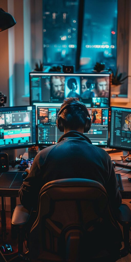Videoproduzent arbeitet nachts an mehreren Monitoren mit professioneller Schnittsoftware.