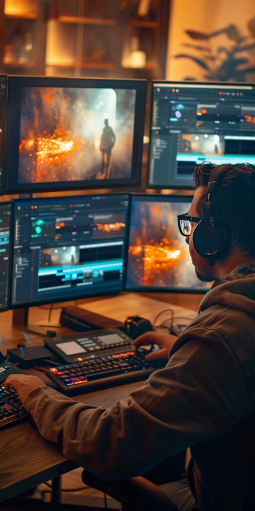 Videodesigner arbeitet an einem kreativen Projekt mit mehreren Monitoren und Farbkorrektur-Konsole.
