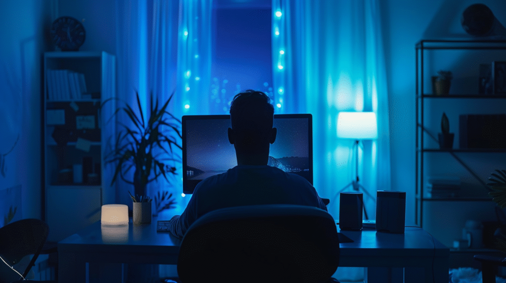 Person bei Nacht am Schreibtisch vor Monitor – kreative Arbeit, Konzentration und digitale Entwicklung im Home-Office.