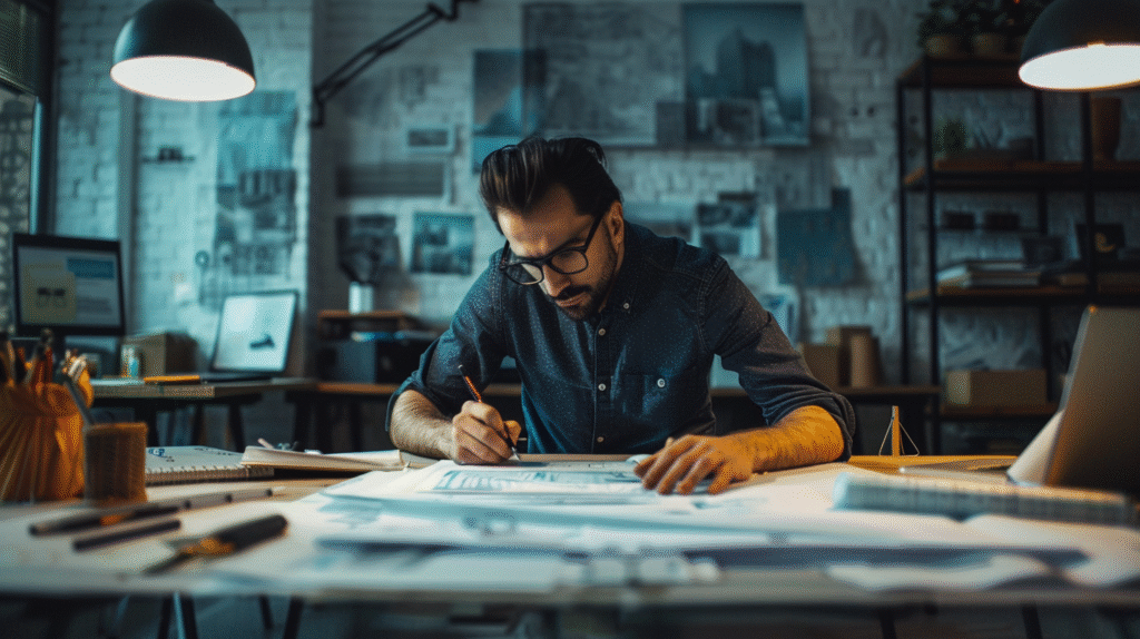 Kreativer Designer arbeitet konzentriert an Illustrationen in einem modernen Studio.