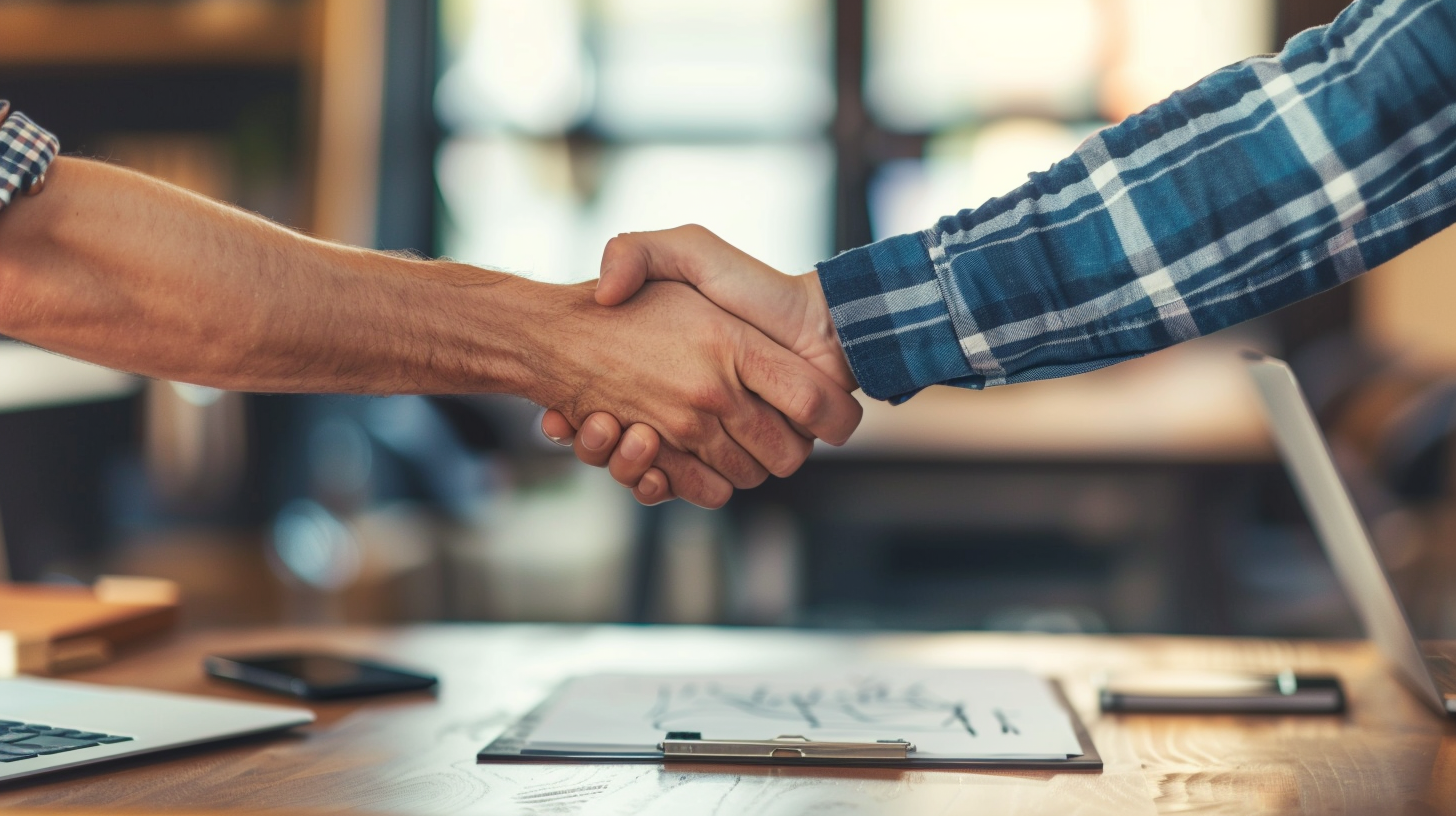 Zwei Personen geben sich die Hand über einem Schreibtisch – Symbol für Partnerschaft, Vertrauen und Zusammenarbeit.