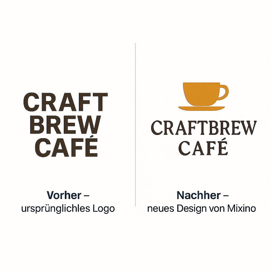 Logo-Vergleich für ein Café – links altes Textlogo „Craft Brew Café“, rechts modernes Logo mit Kaffeetasse und elegantem Schriftzug „Craftbrew Café“, neugestaltet von Mixino