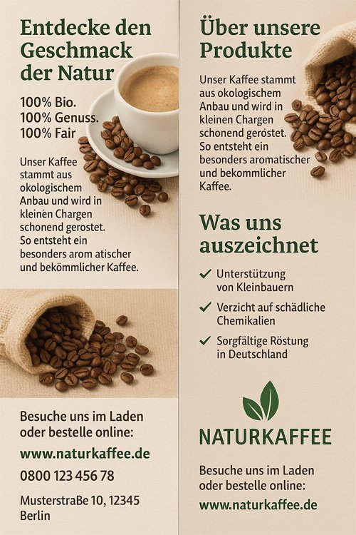 Geöffneter NATURKAFFEE-Flyer mit klarer Typografie, strukturierter Darstellung und gezielten Botschaften
