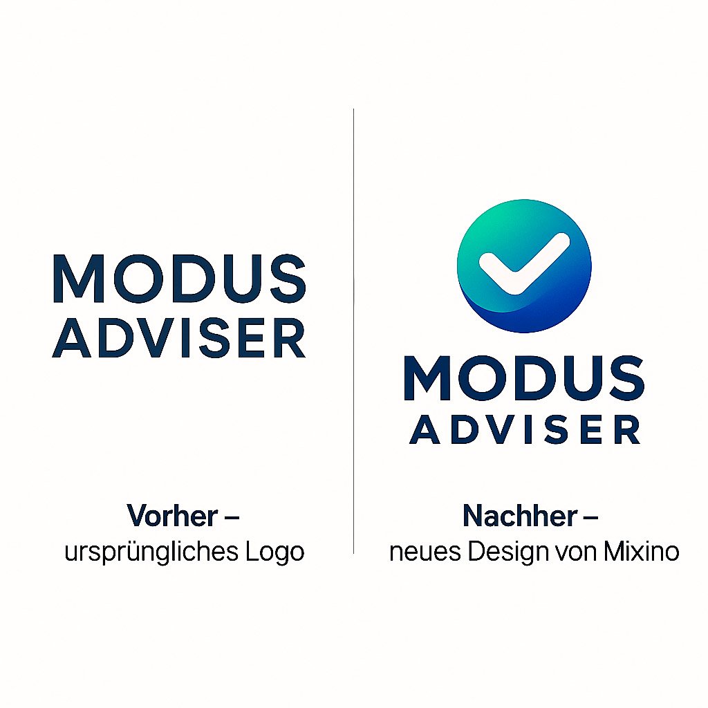 Logo-Vergleich für Modus Adviser – links einfaches Schriftlogo, rechts modernes rundes Logo mit Häkchen in Blau-Grün-Tönen, neugestaltet von Mixino