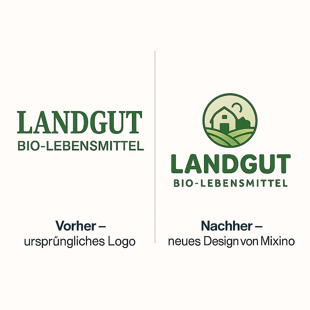 Logo-Vergleich für Landgut Bio-Lebensmittel – links schlichtes Schriftlogo, rechts neues Logo mit Bauernhof-Illustration und moderner Schrift, gestaltet von Mixino