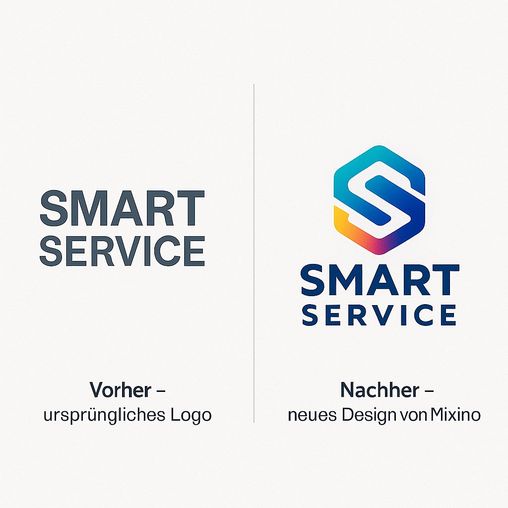 Logo-Vergleich für Smart Service – links einfaches Textlogo, rechts modernes, farbiges S-Logo mit Gradient, entwickelt von Mixino