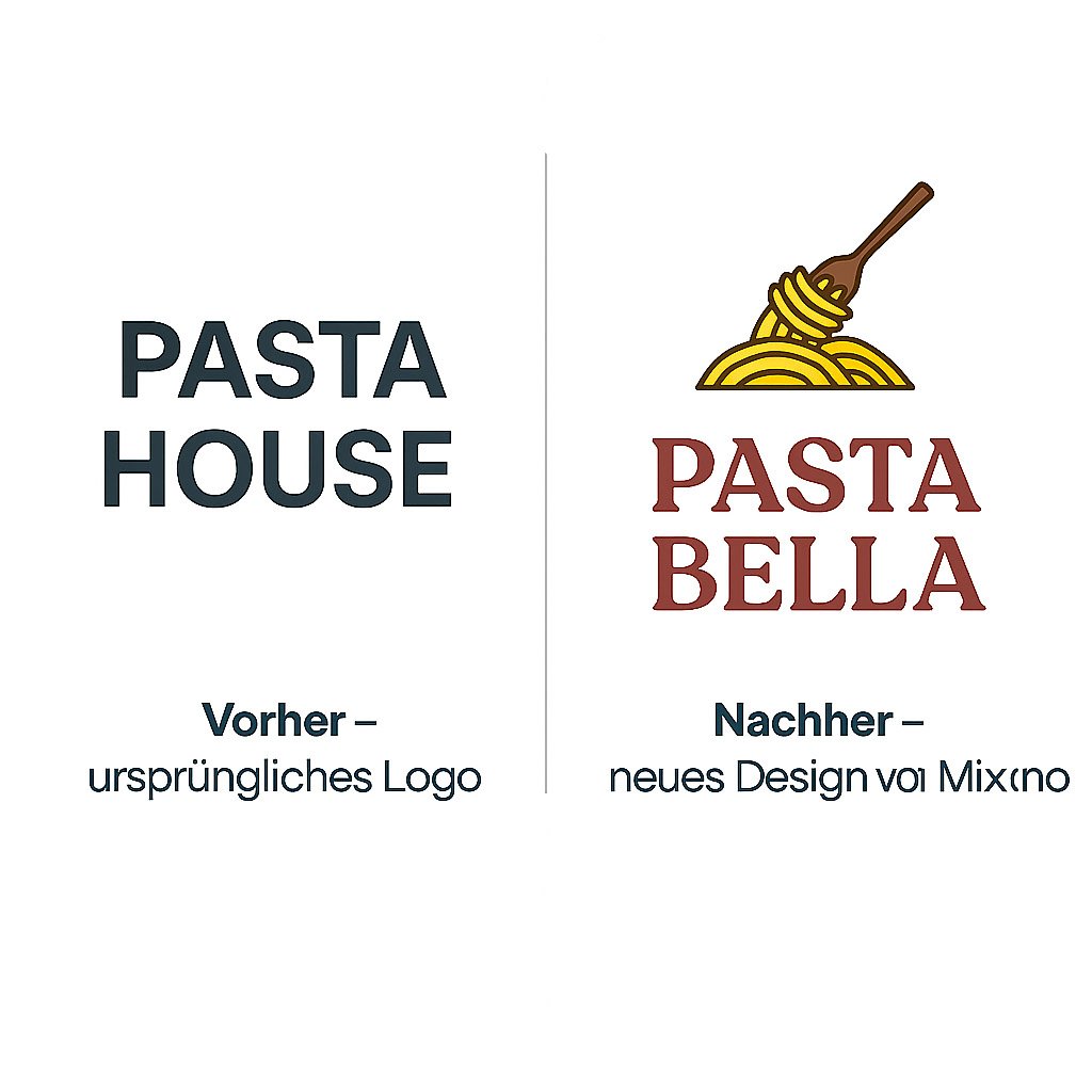 Logo-Vergleich für ein italienisches Restaurant – links schlichtes Textlogo „PASTA HOUSE“, rechts modernes Logo „PASTA BELLA“ mit Spaghetti-Illustration, neues Design von Mixino