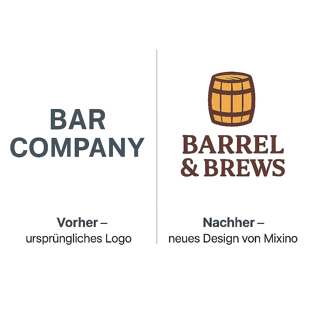 Logo-Vergleich für eine Bar – links schlichtes Textlogo „BAR COMPANY“, rechts kreatives Logo „BARREL & BREWS“ mit Holzfass-Illustration, neu gestaltet von Mixino