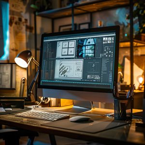 Entwurfsphase am Computer – digitales Design in einem modernen Studio mit professioneller Software.