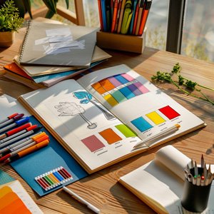 Farbkonzept und Designskizzen auf dem Tisch – kreative Entwicklung mit Farbfächern und Stiften.