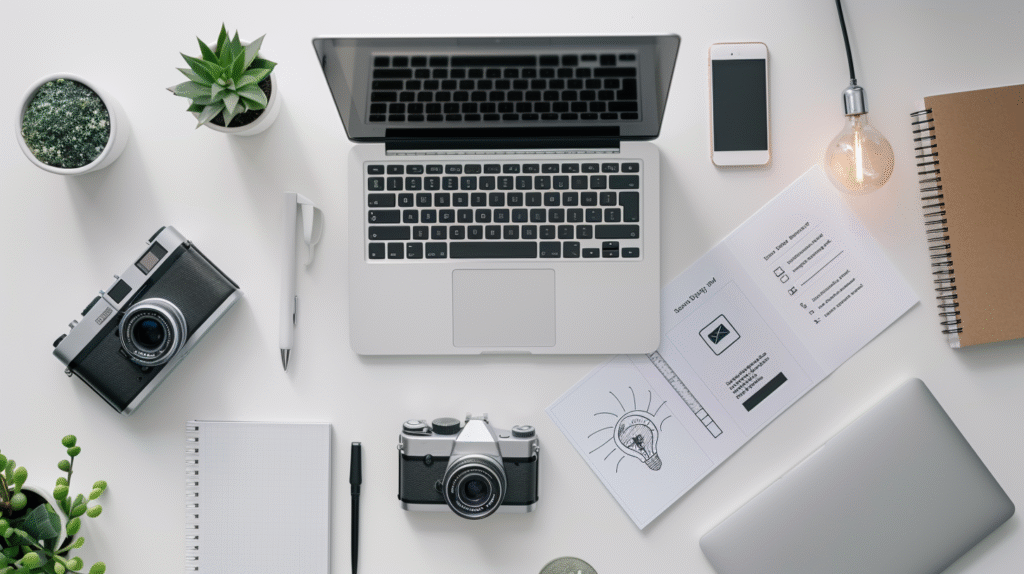 Minimalistisches kreatives Arbeitssetup mit Laptop, Kameras, Notizbüchern und Pflanzen auf weißem Schreibtisch.