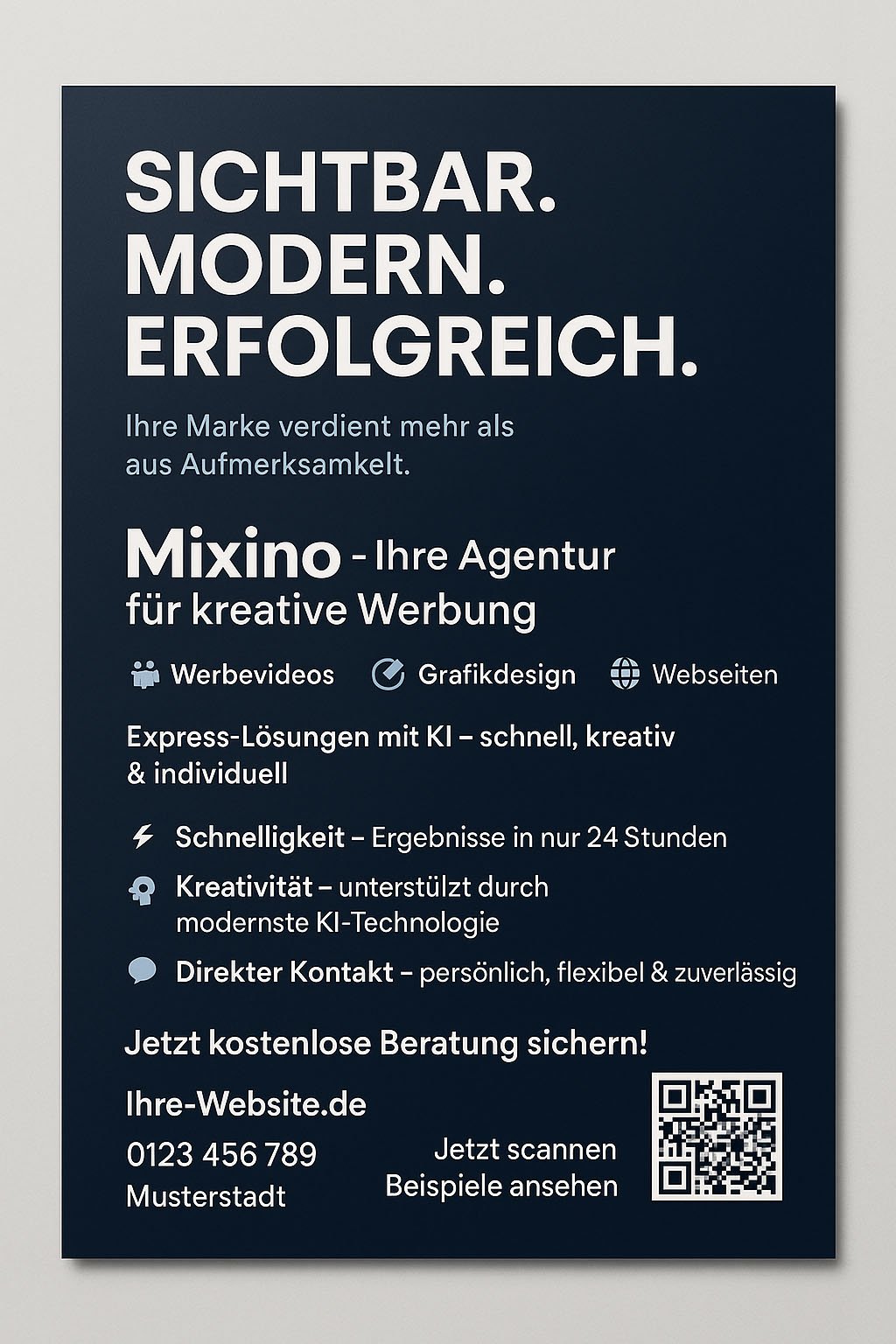 Dunkelblauer Mixino-Flyer mit Leistungen zu Werbevideos, Grafikdesign & Webseiten
