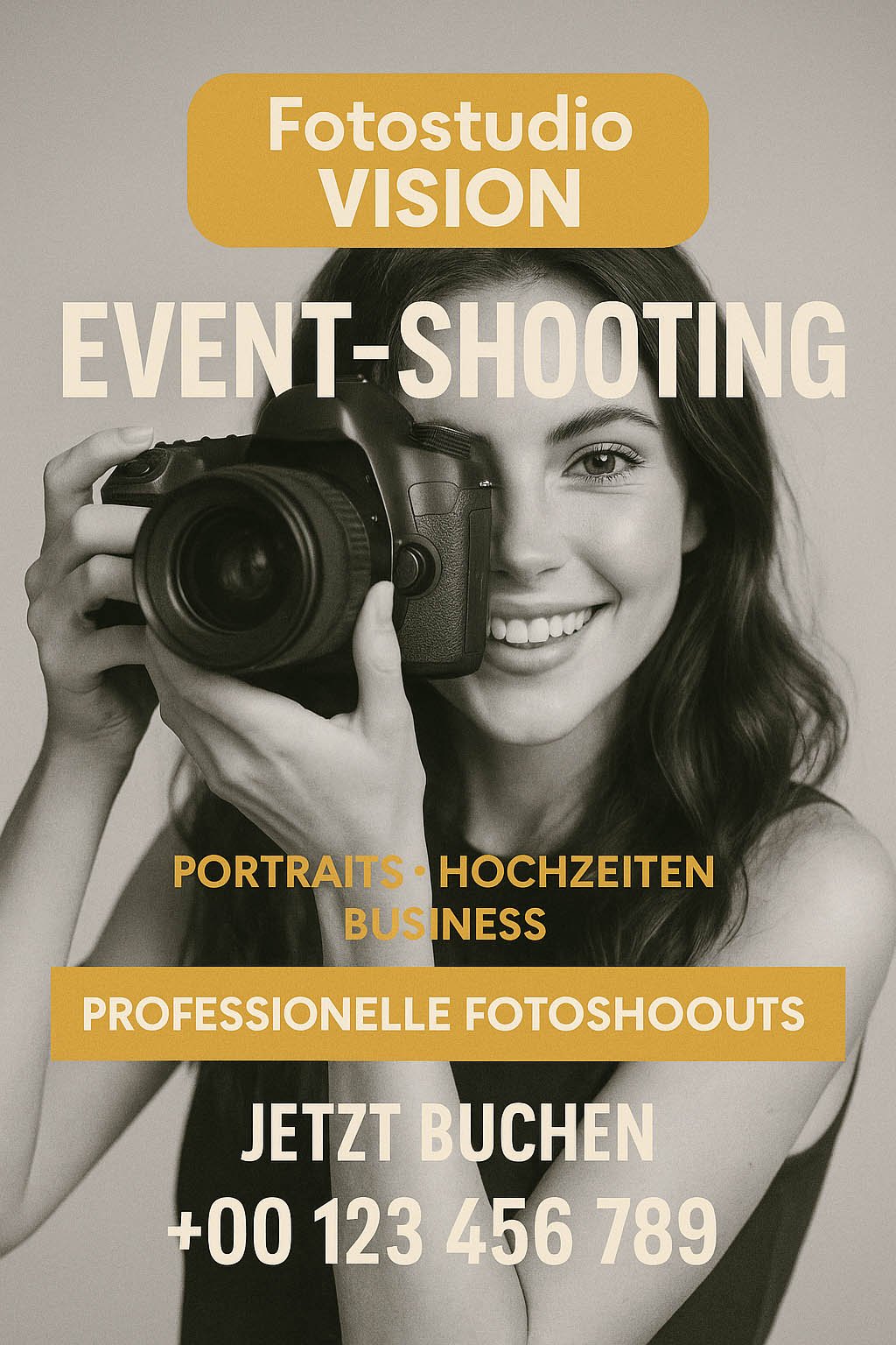 Flyer mit lachender Frau, die eine Kamera hält; Werbung für Event-Shootings und professionelle Fotoshootings im Fotostudio VISION