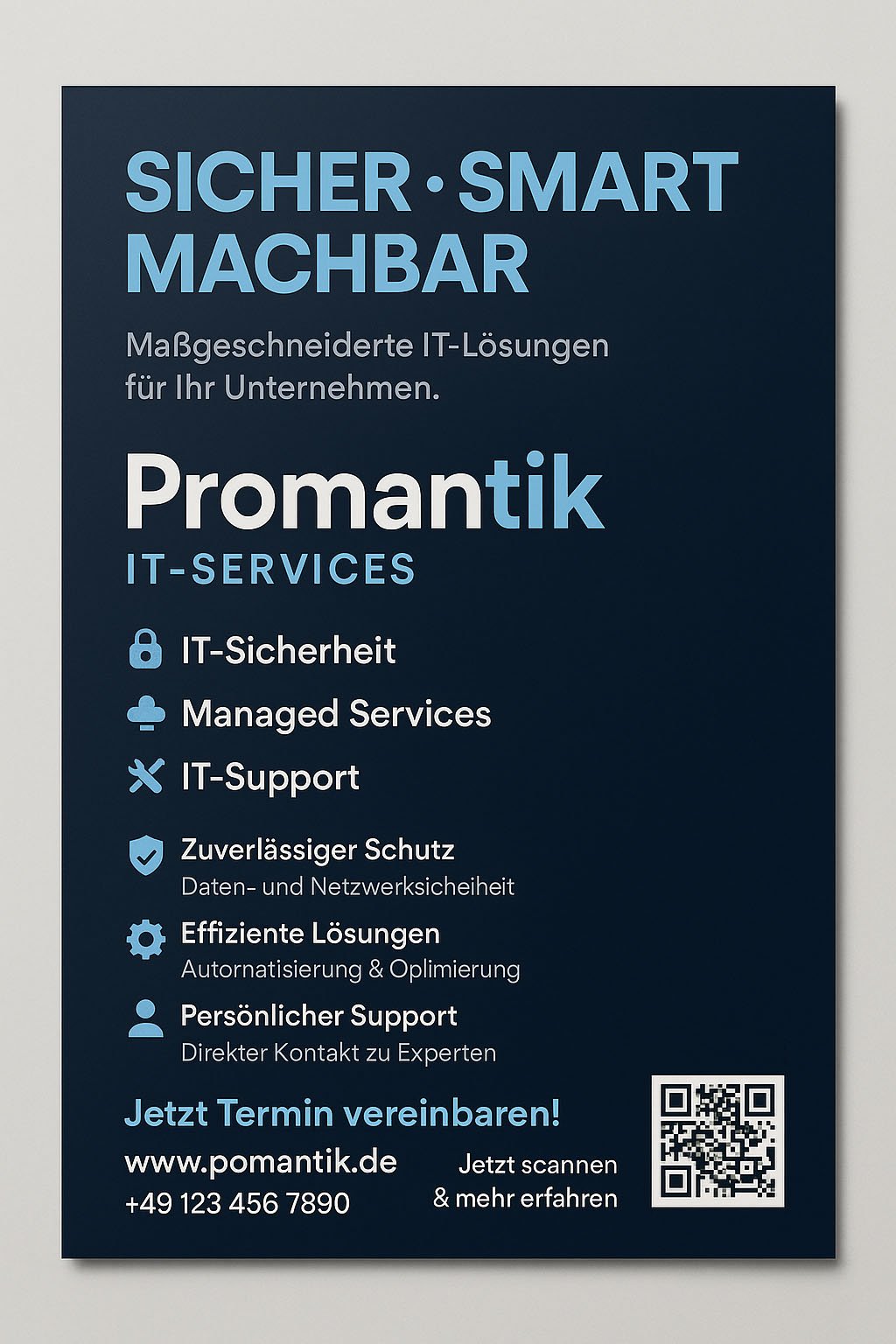 IT-Flyer für Promantik – Leistungen zu IT-Sicherheit, Support & Managed Services