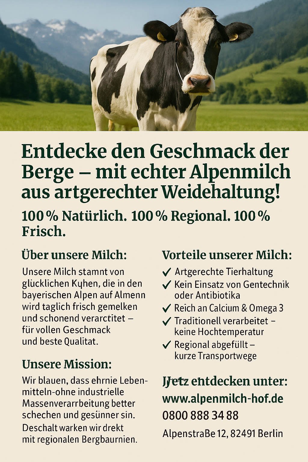 Flyer mit einer Kuh auf Almwiese vor Alpenkulisse, Text über Vorteile von Alpenmilch aus artgerechter Haltung und nachhaltiger Produktion