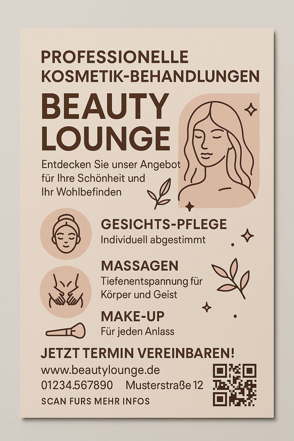 Kosmetik-Flyer mit Icons für Gesichts-Pflege, Massage & Make-up – elegant & feminin