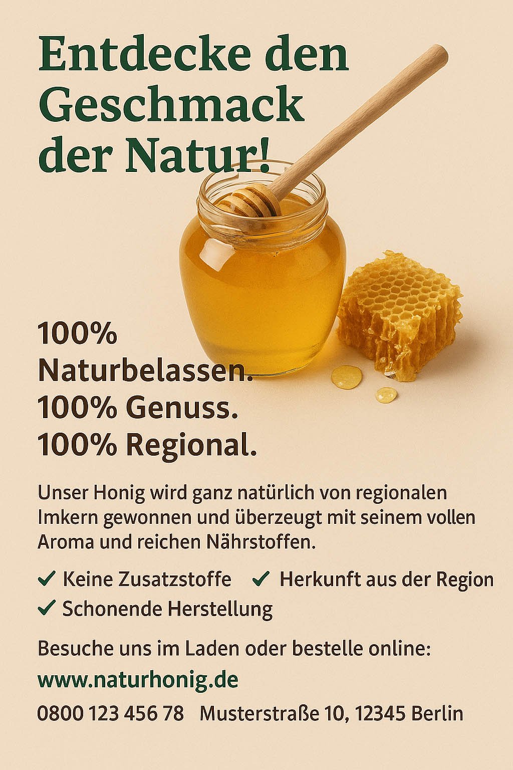 Flyer mit Glas Honig, Honiglöffel und Wabe; Text über naturbelassenen Honig aus regionaler Herkunft ohne Zusatzstoffe