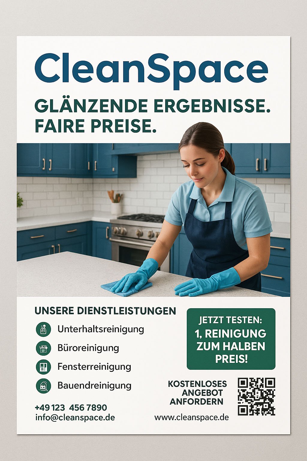 Reinigungsflyer von CleanSpace – Frau mit Handschuhen reinigt Küche, Angebot für 1. Reinigung