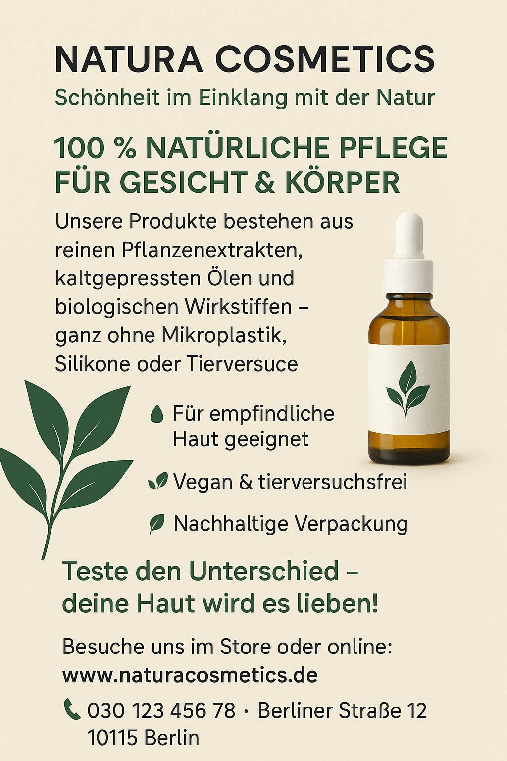 Werbeplakat für Naturkosmetik mit brauner Tropfflasche, Text über natürliche Pflege ohne Mikroplastik, vegan & nachhaltig