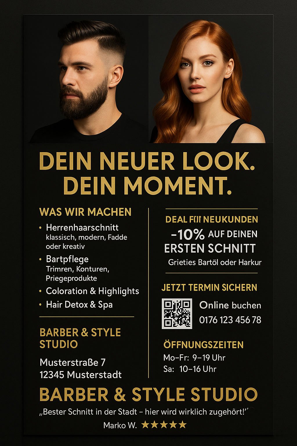 Friseurflyer mit Mann & Frau vor schwarzem Hintergrund – Angebote für Haarschnitt, Bartpflege & Farbe