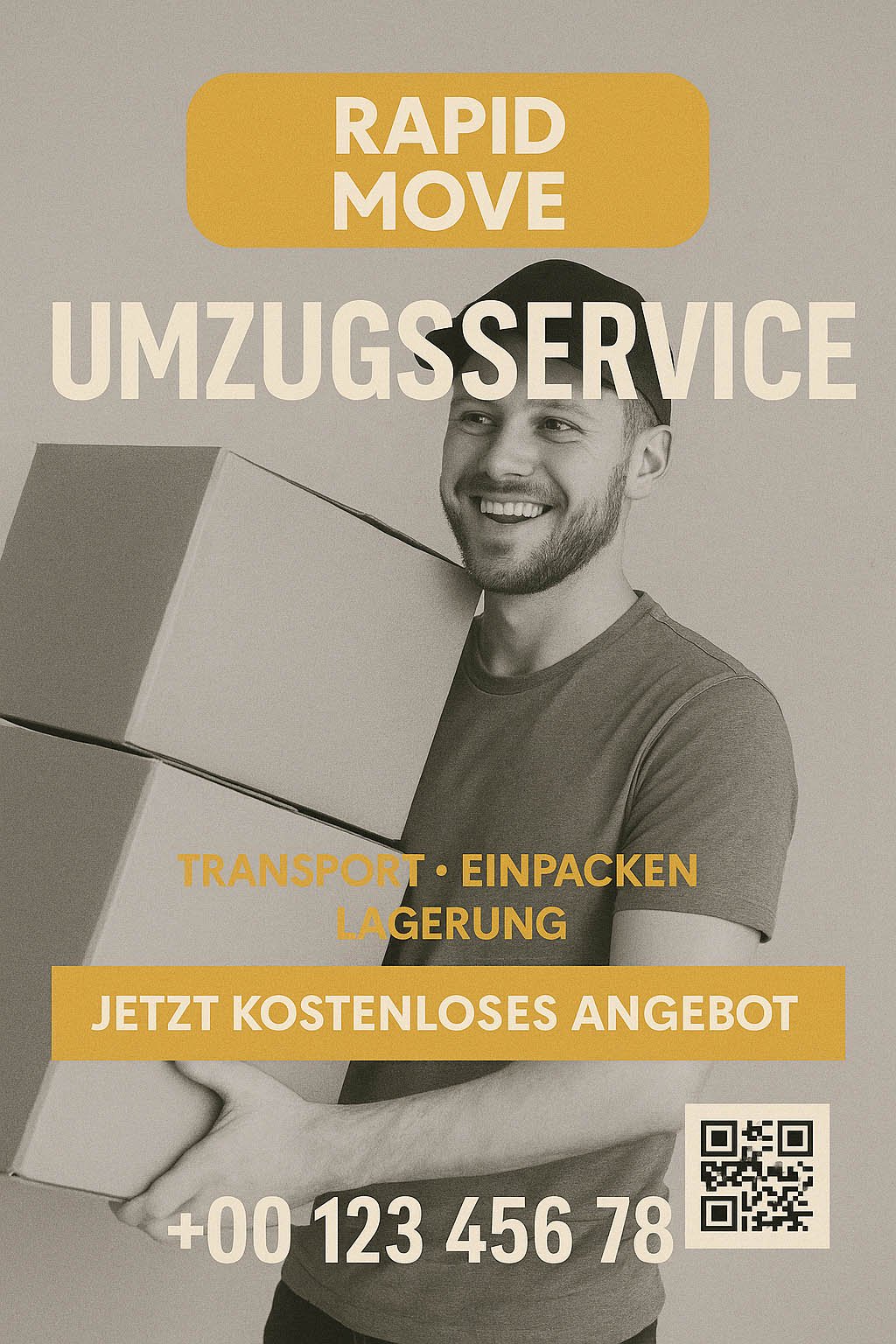 Werbeplakat für Umzugsservice RAPID MOVE mit lachendem Mann und Umzugskartons, Slogan „Transport · Einpacken · Lagerung“