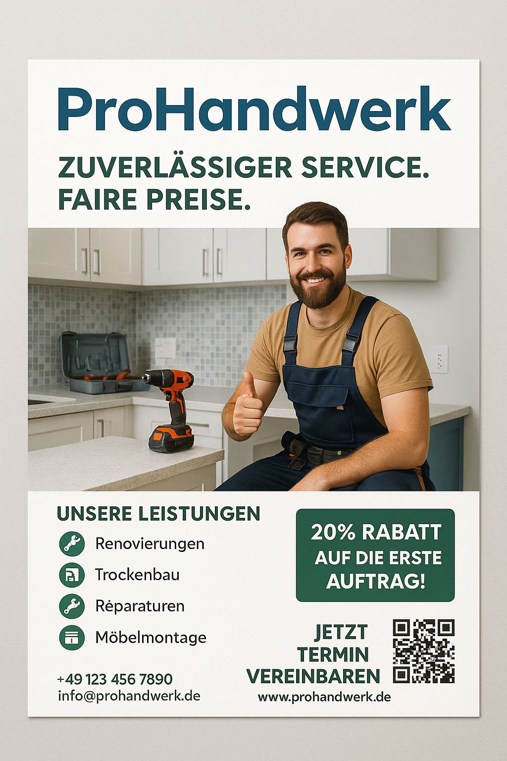 Handwerkerflyer mit lächelndem Mann und Akkuschrauber – Leistungen für Renovierung & Möbelmontage