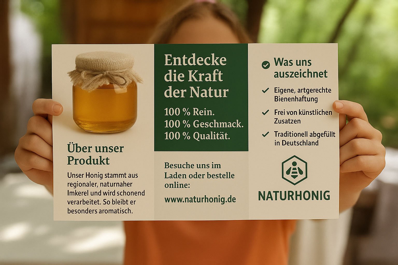 Honig-Flyer mit Glas Honig und Informationen über Herkunft, Qualität und Vorteile des Naturprodukts
