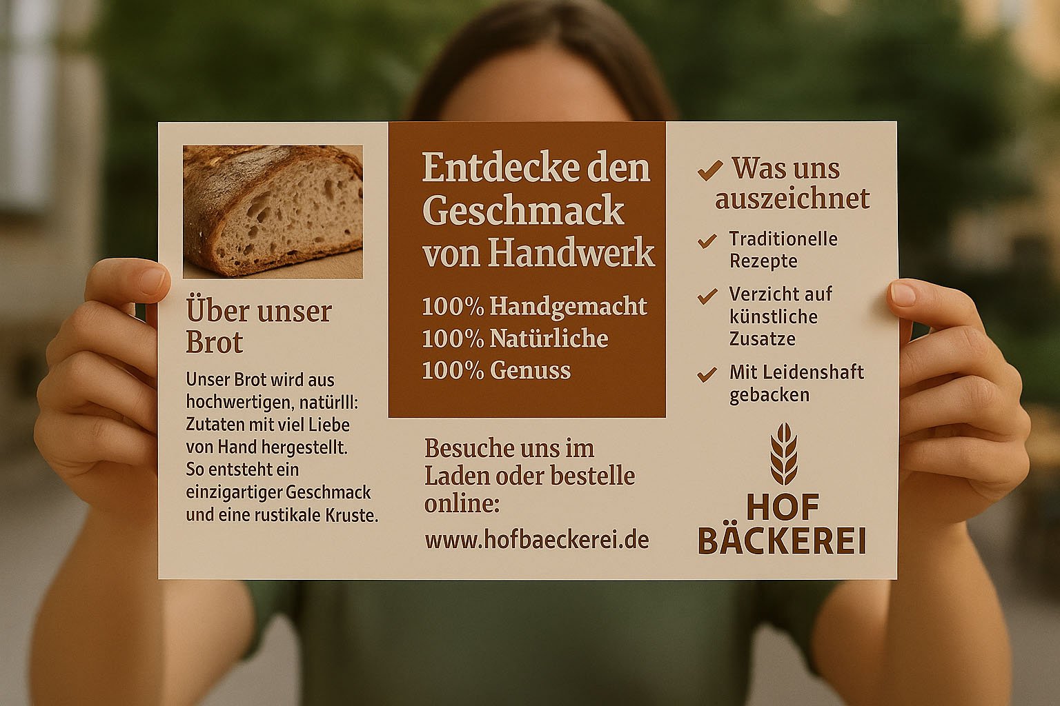 Werbeflyer für Bäckerei mit handgemachtem Brot, Informationen über Zutaten und traditionelle Backkunst