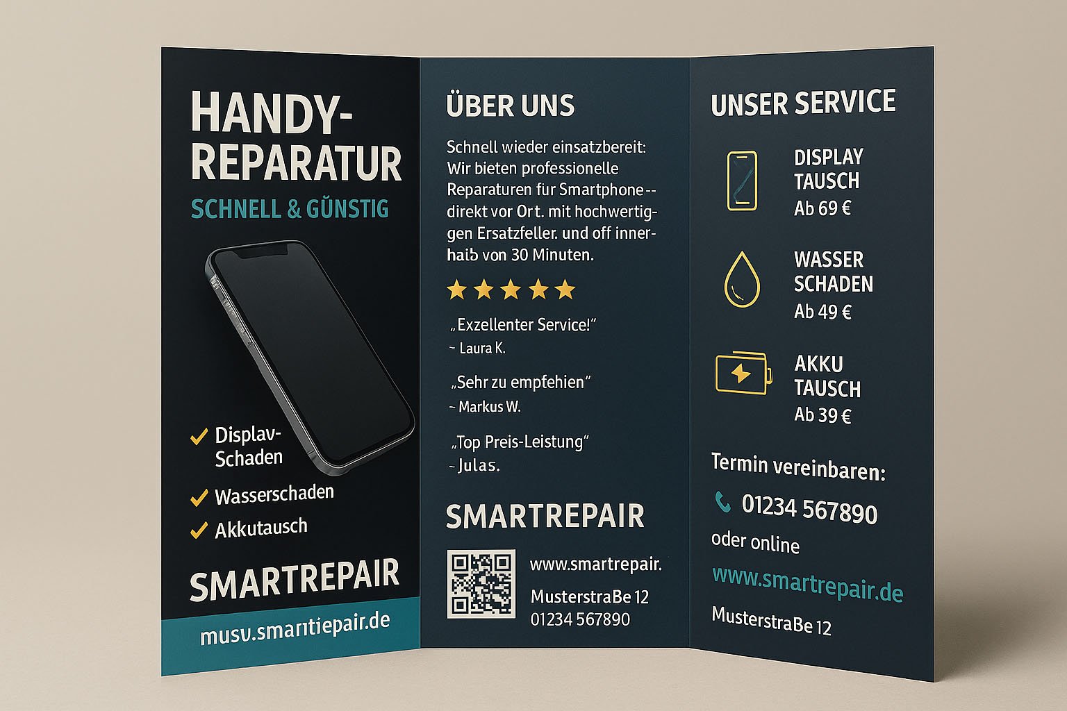 Dreifach-Flyer für Smartphone-Reparaturdienst mit Icons und Kontaktinformationen