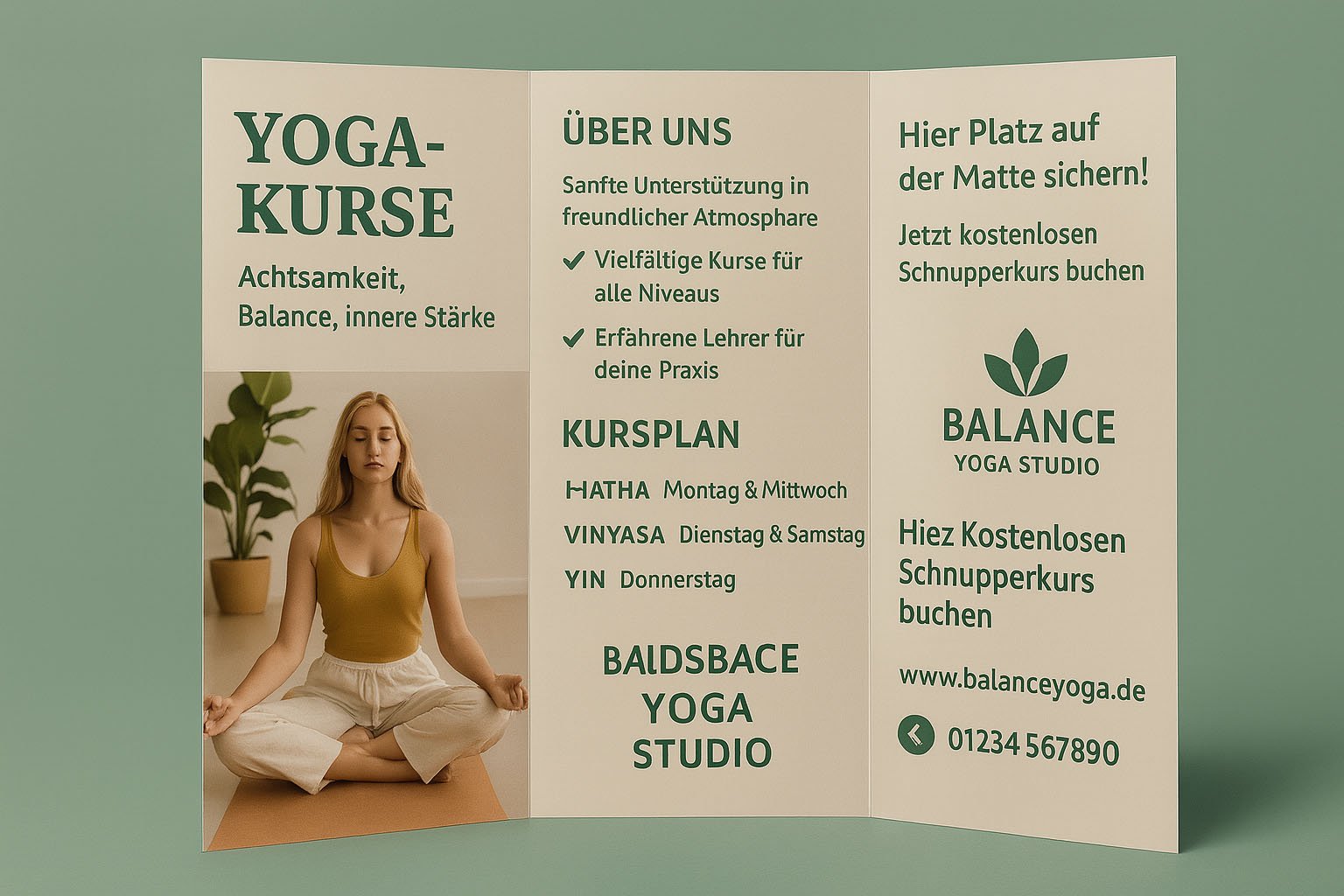 Yoga-Flyer mit einer meditierenden Frau und Infos über Kursarten, Zeiten und Schnupperangebote