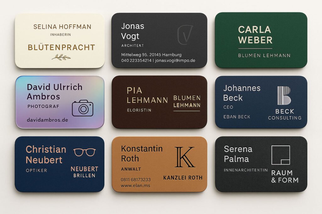 Moderne Visitenkarten von Floristinnen, Architekten, Anwälten, Fotografen und anderen Berufen mit klarer Typografie und edlen Farben wie Gold, Schwarz, Grün und Holografie.
