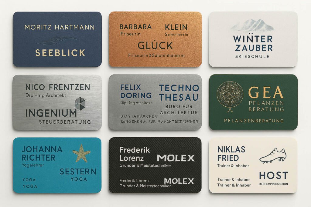 Verschiedene Visitenkarten von Architekten, Friseuren, Yogalehrern, Pflanzenberatern und mehr – moderne Designs in natürlichen Farben mit strukturierter Typografie.