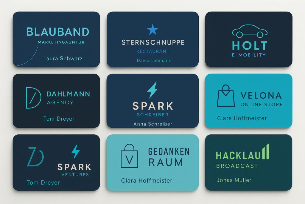 Moderne Visitenkarten von Startups und Agenturen in Blau- und Türkistönen, mit minimalistischen Logos und klarer Typografie.