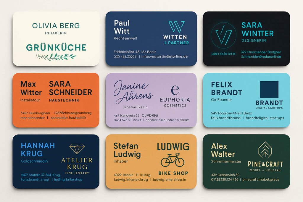 10 moderne Visitenkarten verschiedener Branchen – Design, Recht, Handwerk, Gastronomie, Kosmetik, Startups und mehr – in unterschiedlichen Farben und Stilen auf einer Fläche präsentiert.