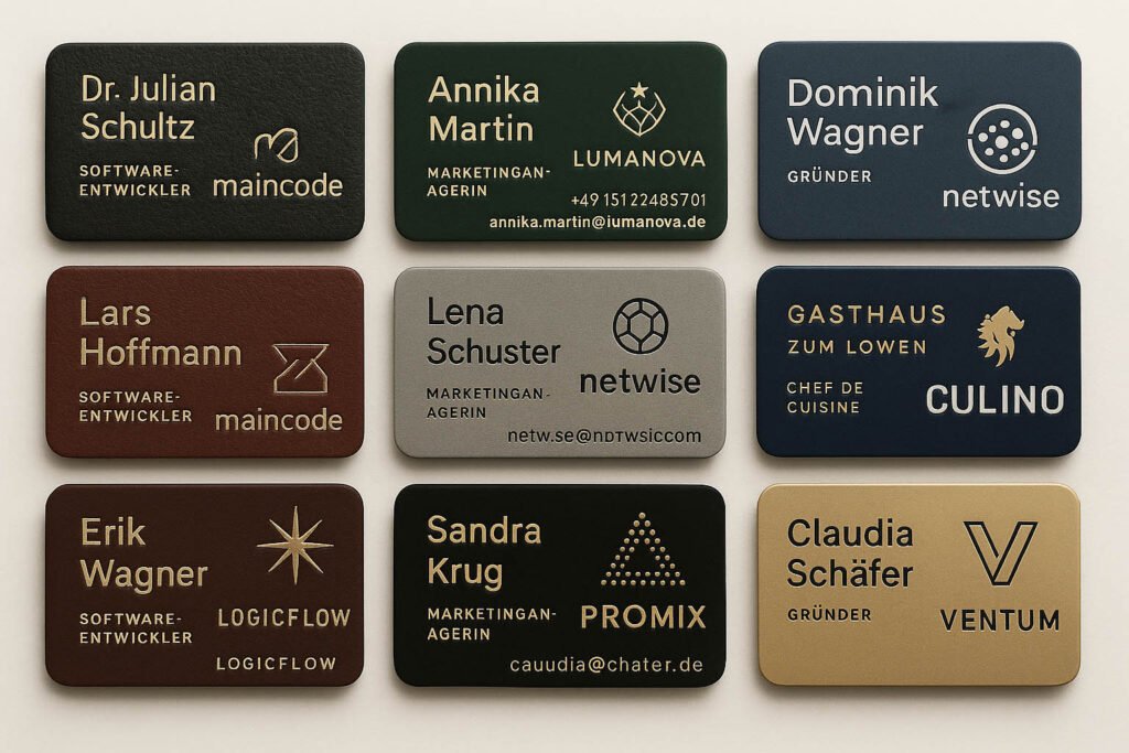 Elegante Visitenkarten von Softwareentwicklern, Marketingexperten und Gastronomie-Profis mit dunklen Hintergründen, Goldprägung und modernen Logos.