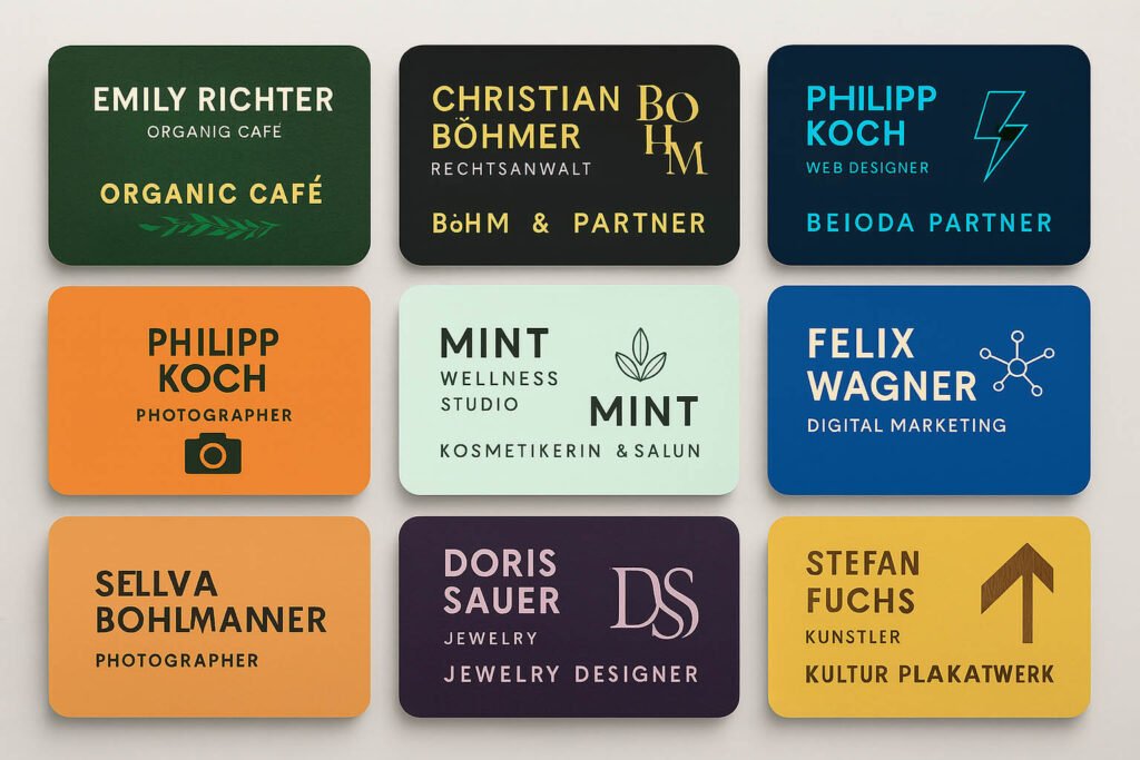 Verschiedene moderne Visitenkarten von fiktiven Unternehmen in Deutschland, mit Fokus auf Design, Farben und Branchenvielfalt.