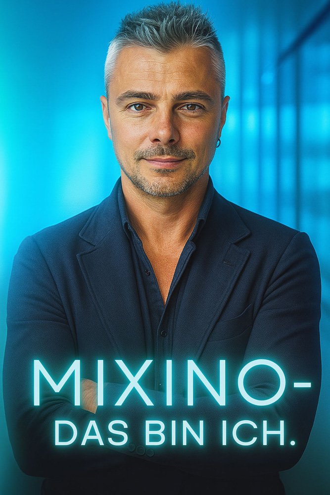 Porträt eines selbstbewussten Mannes im Anzug mit dem Slogan „Mixino – Das bin ich“ vor blauem Hintergrund.