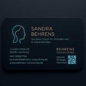 Elegante Visitenkarte für Business Coaching mit Linienprofil einer Frau, goldener Typografie und QR-Code auf dunklem Hintergrund.