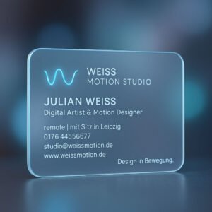 Moderne, transparente Visitenkarte mit Neon-W-Logo und klarer weißer Typografie auf blauem Hintergrund.